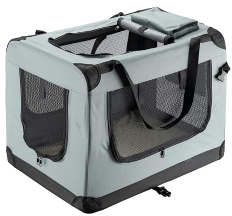 Fudajo Faltbare Transportbox für Hunde, Katzen L (70x52x50cm), robust, leicht, sicher, Hundebox mit Tragegriff und Decke, Grau