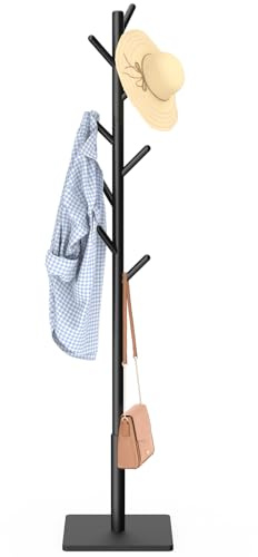 YheenLf Garderobenständer Massivholz, Kleiderständer Holz, Garderobenstange für Kleidung, Hüte, für Eingang, Wohnzimmer, 8 Haken, 3 Verstellbare Höhen, Schwarz, 30x30x180cm