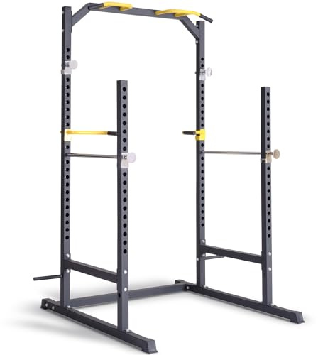 Ultrasport Power Rack mit Klimmzug-Station, Dip-Station, Langhantelablage, Haltevorrichtungen zur Ablage von Gewichten, stabile und Massive Stahlrohrkonstruktion, Power Cage, schwarz gelb