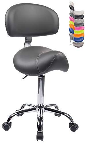 1stuff® Sattelhocker MULY BIGBACK Sattelstuhl mit Lehne - Sitzhöhe bis ca. 74cm - ergonomischer Rollhocker Arzthocker Arbeitshocker Praxishocker Drehhocker (Lederimitat dunkelgrau)