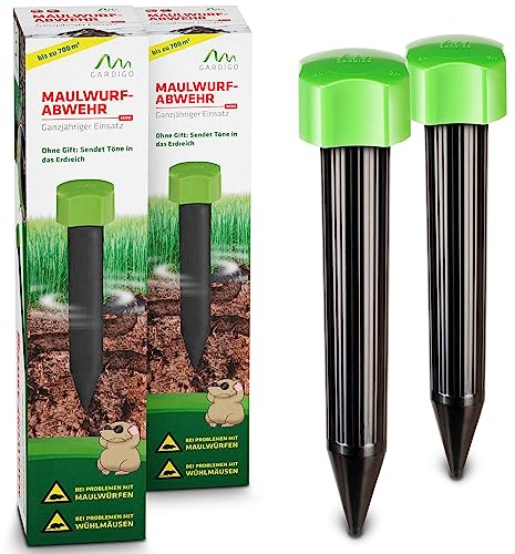 Gardigo Maulwurf Vertreiber 2er Set, Batteriebetrieben, 400 Hz | Mini Maulwurfschreck für den Garten, einfacher Batteriewechsel durch Batteriewechselzylinder, Wühlmausschreck