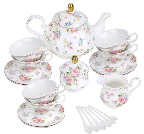 fanquare 21 Stück Pastellfarbenes Blumen Teeservice mit Reliefdetails, Vintage Porzellan Kaffeeservice mit Goldenem Rand, 6 Tassen und Untertassen für Frauen Teeparty