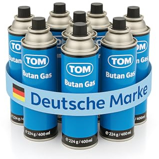 TOM 8 x, 12 x oder 28 x Butangas Kartuschen 227 mit MSF-1A Bajonett Ventil – Die Butan Gas Kartuschen sind ideal beim Camping für Campingkocher, Gaslampe & Co. oder für Unkrautbrenner, Flächenbrenner
