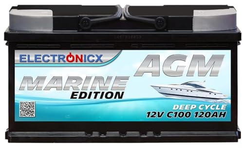 Electronicx AGM Marine Edition 12V 120Ah – Deep Cycle Versorgerbatterie, wartungsfrei & versiegelt, Solar Batterie, Wohnmobil, Boot, Yacht, Photovoltaik, Freizeit, 353×175×190 mm, AGM C100 Akku 120 ah