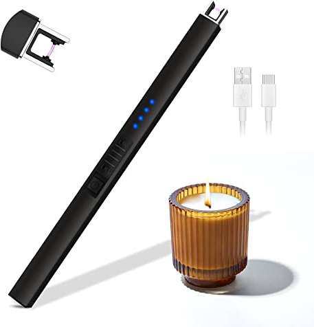 Rouclo Lichtbogen Feuerzeug Elektrisch,USB Aufladbar Feuerzeug Stabfeuerzeug Winddichtes, Elektro Kerzenanzünder Flammenlose Grillfeuerzeug Lighter für Kerzen Anzünden, Gasherd, Küche (Schwarz)