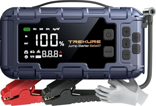 TREKURE Starthilfe Powerbank mit Luftkompressor, 160PSI 6500A Auto Starthilfe, PD 45W Eingang/Ausgang, Starthilfe(Bis zu All Benzin und 12.0L Dieselmotor) mit 600 Lumen LED und Doppelstart