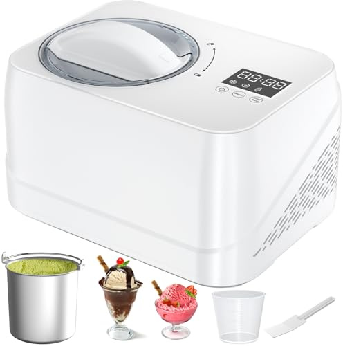 Acmeenjoy Eismaschine mit Kompressor 1L, Eismaschine Selbstkühlend mit Entnehmbarem Eisbehälter, inkl. Spatel/Messzylinder mit Skala, Weiß