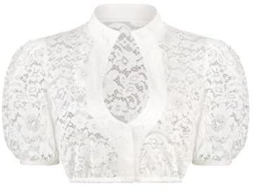 Dirndl Bluse Damen Puffärmel Dirndlbluse Weiß V Ausschnitt Oktoberfest | Trachtenbluse Dirndlblusen,Volles Spitze,3 Knöpfe,Raffinierte Blumenmuster,Bayrische,Tracht,Karneval