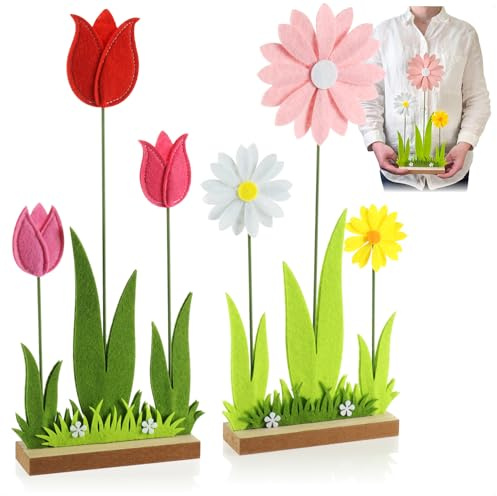 com-four® 2X Deko Aufsteller für Ostern und Frühling, Niedliche Filz-Blumen | Osterdeko zum Hinstellen - Osterdekoration aus Holz und Filz