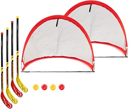 Bandito FunHockey Komplettset, für Kinder, 4 Hockey Schläger, 4 Bälle und 2 Faltbare Pop Up Tore, Floorball Stick, Streethockey, Indoor und Outdoor, Teamsport, Schulen, Garten, wetterfest