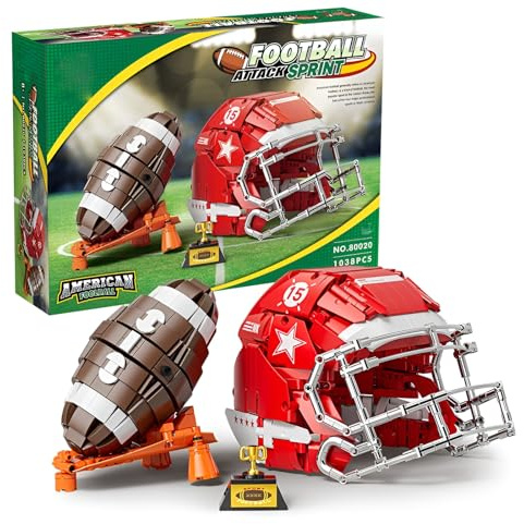 QuirkQuest American Football Bausatz, 1038 Teile Helm & Rugby-Ball-Modell mit Ständer, Sammlerstück Stadionsport-Erinnerungsstück, Geschenk für Erwachsene & Jugendliche Football-Fans