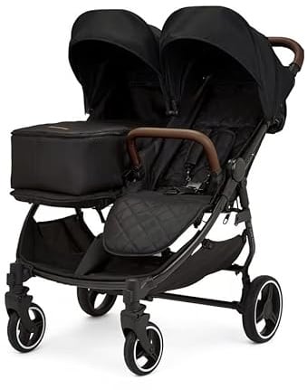 Ickle Bubba Venus Prime Doppelkinderwagen - geeignet von Geburt bis 15 kg (ca. 3 Jahre), leichter, faltbarer Zwillingskinderwagen mit Neugeborenenkokon, 2 Fußwärmern und Regenschutz (Schwarz)