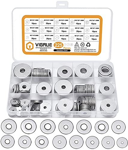 VIGRUE 225 Stück Edelstahl Flache Unterlegscheiben Set Beilagscheiben Sortiment 7 Größen M3 M4 M5 M6 M8 M10 M12