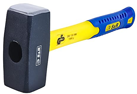 S&R Fäustel 1000g, Profi-Hammer aus C50 Schmiedestahl mit bruchsicherem Fiberglasstiel, stoßabsorbierender Handhammer für Bau, Werkstatt & Heimwerker