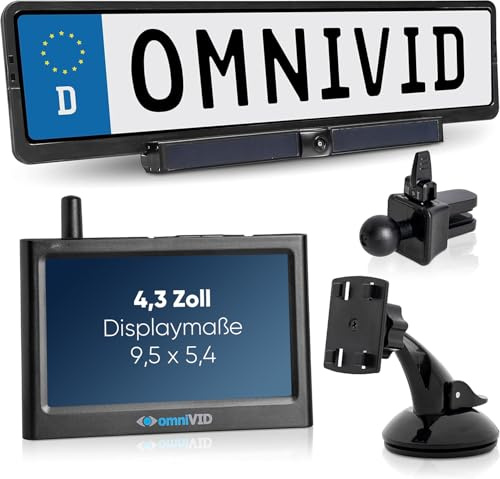 omniVID® Solar4 Premium Solar Rückfahrkamera-System, Kabellos mit 4,3 Zoll Monitor u. solarbetriebender Kamera zum Nachrüsten, Montage ohne Bohren, IP67 wasserdicht, Funk Einparkhilfe hinten o. vorne