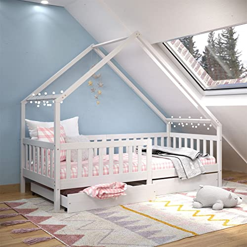 IDIMEX Hausbett ALVA aus Kiefer Massivholz, weiß - Kinderbett mit Dach, Tipibett mit Schubladen, Kinderzimmer Bett, Bodennahes Bett Montessori, ideal für Dachschrägen