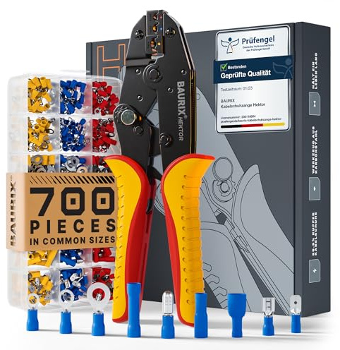 BAURIX® Crimpzange mit 700 Kabelschuhe Set – für diverse Verbinder-Arten – Regelbare Crimpkraft für 0,5–6 mm² – Elektriker Werkzeug – HEKTOR