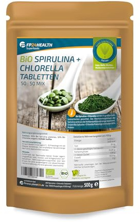 FP24 Health Bio Spirulina + Chlorella - 1000 Tabletten 500g - 500mg pro Tablette - Plantensis und Vulgaris Algen - Hochdosiert - Presslinge - Top Qualität