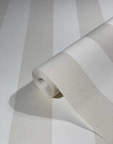 WALLCOVER Tapete Beige Vliestapete Streifen Streifentapete Landhaus Weiß Linien Modern Blockstreifentapete Fein Struktur 10.05 x 0.53 m Made in Germany
