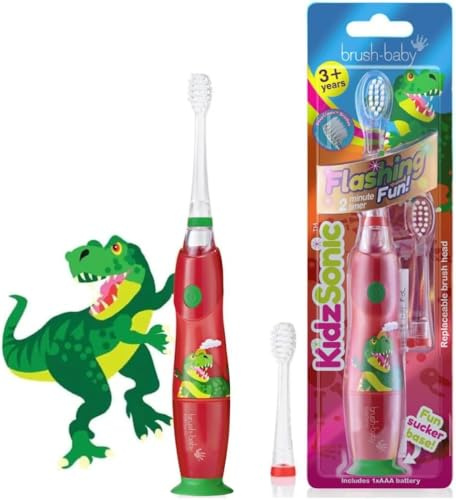 Brush-Baby – Dinosaurier KidzSonic Elektrische Kinderzahnbürste, 3+ Jahre – DeepClean-Borsten, Saugnapf – Lustiges Design mit Blinkenden Disco-Lichtern – Mit 2 Ersatzbürstenköpfen & 1 AAA-Batterie