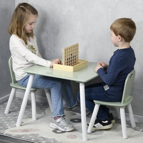 Kesper | Kindertisch mit 2 Stühlen, Material: Faserplatte, Maße: 55 x 55 x 45 cm, Farbe: Weiß, Salbeigrün | 17733 13