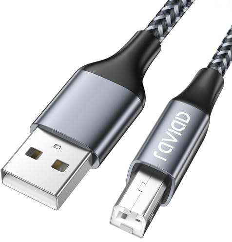 RAVIAD USB Druckerkabel 1M, USB A auf USB B Drucker Kabel Scannerkabel Nylon Druckerkabel USB für Lexmark, Dell, HP, Canon, Epson, Xerox, Brother, Samsung und mehr, Grau