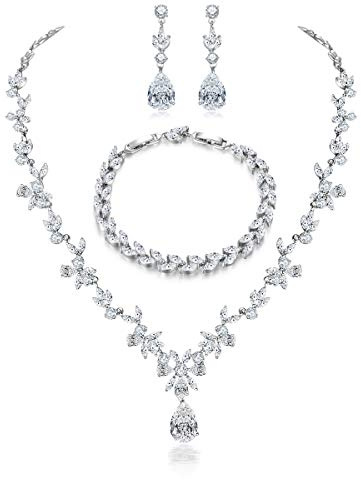 Shuxin Hochzeit Schmuckset für Damen, Halskette & Ohrringe & Armband Set, Blumen Braut Schmuck Set mit 5A Weiß Zirkonia, Allergenfrei Hochzeitsschmuck für Braut Brautjungfern