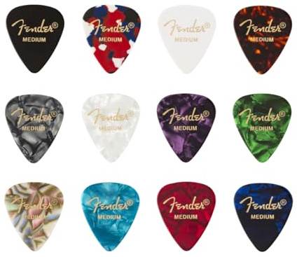 Fender 351 Zelluloid Plektren, Hochwertiges Gitarrenplektren Set in klassischer 351 Form, geeignet für E-Gitarre, Akustikgitarre und Bass, 12er Pack, Medium