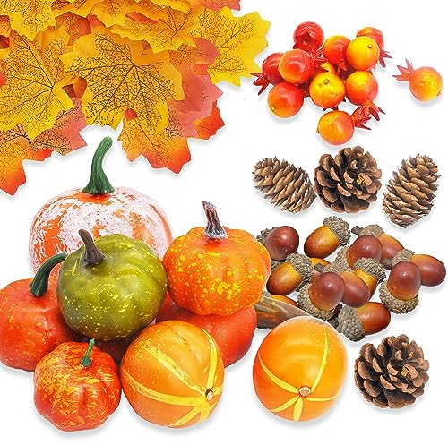 ROLLWAY 96 Stück Künstliche Kürbis Deko Herbstdeko Set, Halloween Deko Kürbisse Ahornblätter Tannenzapfen Eicheln Erntedankfest Herbst Dekoration für Thanksgiving Innen Tisch Herbstdekoration
