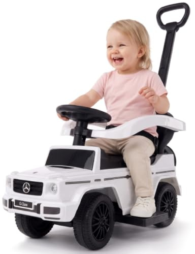 Rutschauto ab 1 Jahr mit Schubstange, Mercedes G mit Schubstange, Kinderauto, Baby Auto (Weiß)