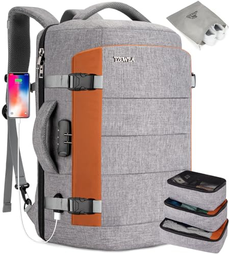 Tzowla ReiseRucksack Laptop Handgepäck Rucksack 40l für Damen und Herren,Fluggenehmigung,Großes Fassungsvermögen,Anti-Diebstahl-Rucksäcke Wasserdicht mit USB-Anschlus für 17,3 Zoll Notebook-Grau