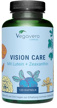 Vision Care Vegavero | Augenvitamine: Lutein & Zeaxanthin | Sehkraft & Augen* | 120 Kapseln | mit Beta Carotin, Heidelbeere, Vitamin B2 & Zink | Ohne Zusätze | Vegan