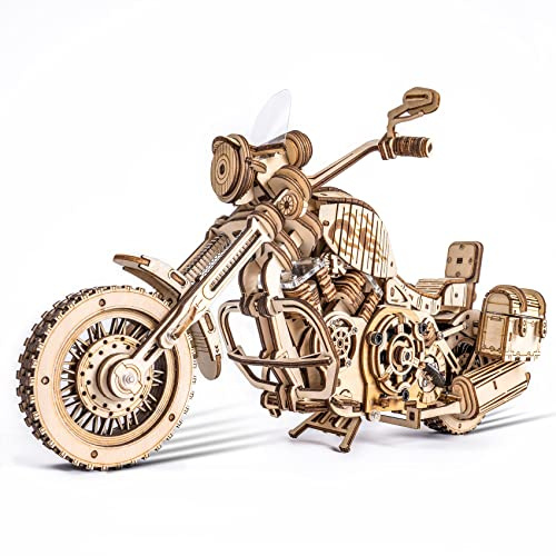 ROBOTIME Motorrad-Holzmodell mit Aufziehantrieb & V4-Mechanik, LK504 | Vorwärtsfahrt mit Aufzug, Fußstütze als Start & Bremse, Sichtbare V4-Mechanik, Retro-Motorrad-Deko