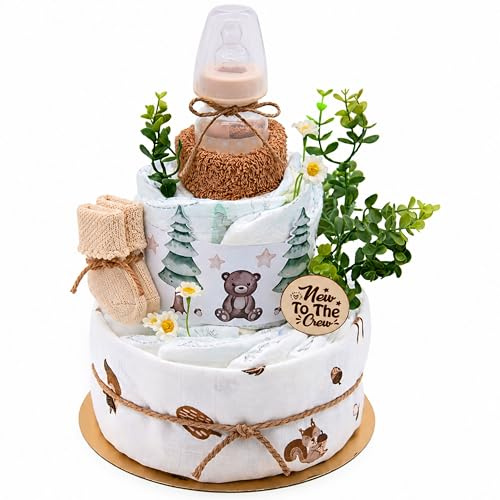 Trend Mama Windeltorte Baby Wald mit Musselintuch, Baby Teeflasche, Spucktuch, Babysocken-Geschenk zur Geburt (Brown)
