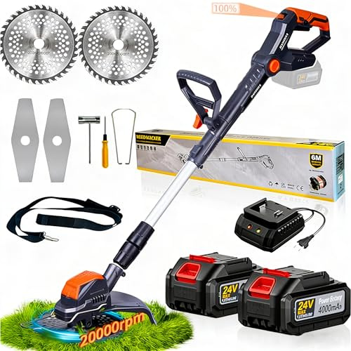 Rasentrimmer mit Akku 24v,Freischneider Mit 1300W Motor, mit 2 Akku 4.0Ah,4 Klingentypen, 9 Bürstenlose Freischneider,mit LCD-Anzeige,Rasenkantenschneider,für Garden Trimmen