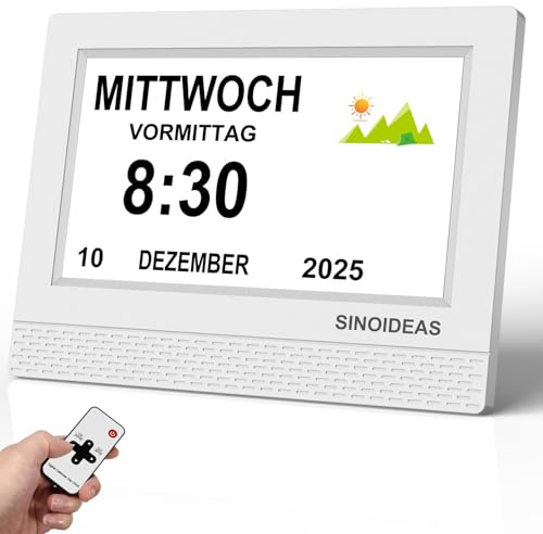 SINOIDEAS 7 Zoll Demenzuhr für Senioren, digitaler Wecker mit Kalender, 22 Benutzerdefinierten Erinnerungen & 17 Themen (Weiß)