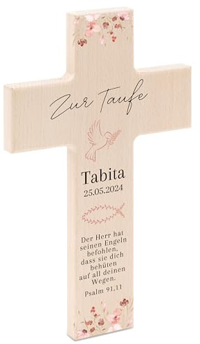 Bärenfreunde - Personalisiertes Taufkreuz mit hochwertigem Spezial-Druck aus massivem Buchenholz - Taufe Geschenk - Holzkreuz Taufe (Blumen Taufpsalm)