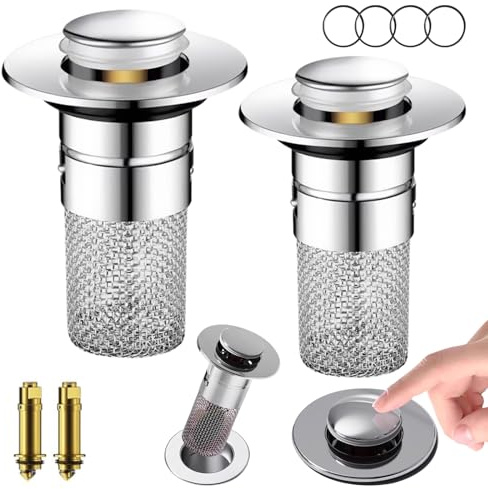 2 Stück Abflussstopfen Waschbecken, ​Haarsieb Waschbecken mit ​Edelstahl-Bodenabflusssieb, Pop-up Design mit Haarfänger,Schnellentwässerung für 34-40 mm Abflüsse (Küche, Bad, Waschbecken)