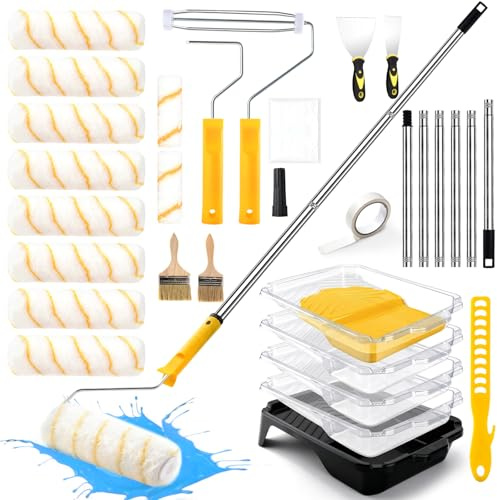 30-teiliges Profi Malerset – Farbroller Set mit Teleskopstange 33-180cm, Farbwanne mit Polster & kompletten Streichen Zubehör,Ideal für Wände, Decken, Möbel & Zäune