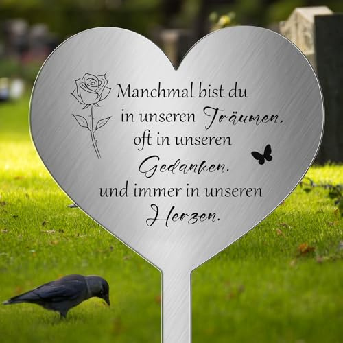 Photect Grabschmuck Wetterfest Grabstecker Metall Herz mit Spruch Manchmal Bist Du in Unseren Träumen, Oft in Unseren Gedanken und Immer in Unseren Herzen Grabdekoration zum Erinnerung Dekoherz Traue