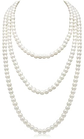 Tomedeks 1 Stück Elegante Künstliche Perlen-Halskette 150 Cm, Weiße Perle, Lang, Gatsby Kostüm Accessoires, Damen