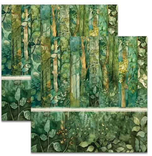 MerwDeeyt Scrapbook Papier Grün Wald Muster Scrapbook Bastelpapier | 48 Blatt Motivpapier, 15.2x15.2 cm/6x6 in, Einseitiges Dekorpapier, für Journal Scrapbooking