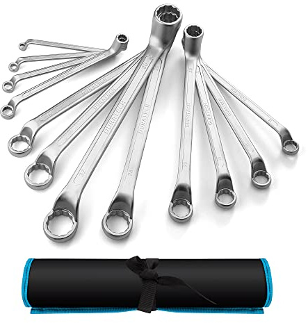 DURATECH 12-tlg. Gekröpfter Doppelringschlüssel-Satz, 6-32 mm, Cr-V Stahl | 75° Abwinkelung, 12-Kant-Kastenenden, Chrom-Vanadium-Stahl, Rolltasche, Für Enge Räume