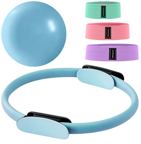 Trintion 14 Zoll Pilates Ring Set Magic Circle Mit Doppelt Gepolsterten Griffen 3 Widerstandsbändern (20/30/45 LBS) Rutschfestem Miniball Trainingsanleitung und Tragetasche