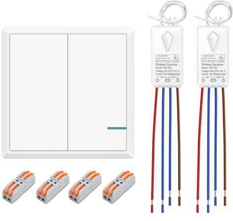Funk Lichtschalter Set 230V, Thinkbee 2-Kanal-Funkschalter mit 2 Empfängern | 2 Lampen separat schaltbar, ohne Schalterleitung, 500 m Freifeld, IP66-Panel zum Kleben, je 10 A/1000 W, ohne WLAN/App