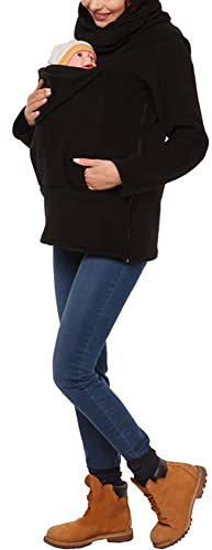 amropi Tragejacke für Mama und Baby 3 in 1 Damen Langarm Kapuze Känguru Umstandsjacke Warm Tragepullover mit Babyeinsatz Schwarz,M