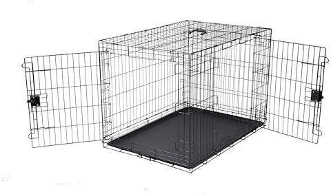 Amazon Basics Faltbar Zusammenklappbarer Hundekäfig aus Metalldraht mit Bodenschale, Doppeltür, Schwarz, L 107 x B 71 x H 76 cm