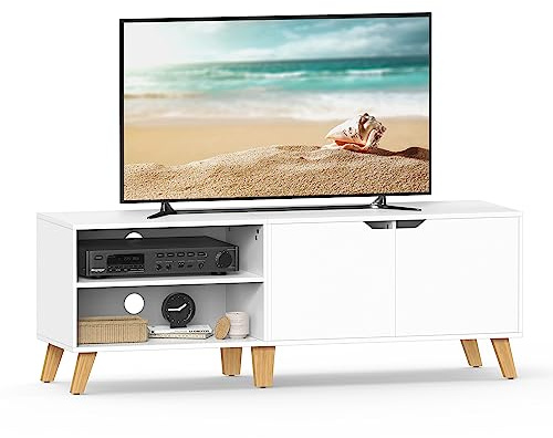 VASAGLE TV-Schrank, Fernsehtisch mit 2 Türen, 140 cm lang, TV-Regal für Fernseher bis zu 60 Zoll, verstellbare Ablagen, für Wohnzimmer, Esszimmer, Schlafzimmer, weiß LTV027T46