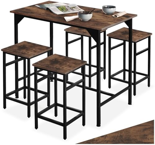 tectake® Bartisch-Set, Stehtisch mit 4 Barhockern, 5-teiliges Tischset, 100 x 60 x 88,5 cm, Industrie-Design, Tischplatte aus Holz, schwarzes Metallgestell (Industrial Dunkelbraun)