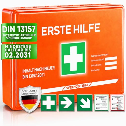 WERKSTEIN® Erste Hilfe Verbandskasten inkl. Wandhalterung [DIN 13157:2021] - Erste Hilfe Kasten für Betrieb, Büro & Zuhause - Erste Hilfe Koffer - Verbandsmaterial - Notfallbox - First Aid Bag